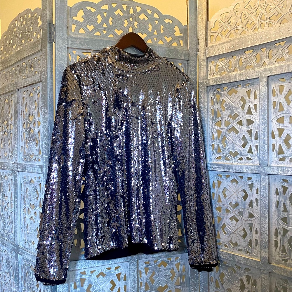 Long sleeve sequined mock turtleneck shirt